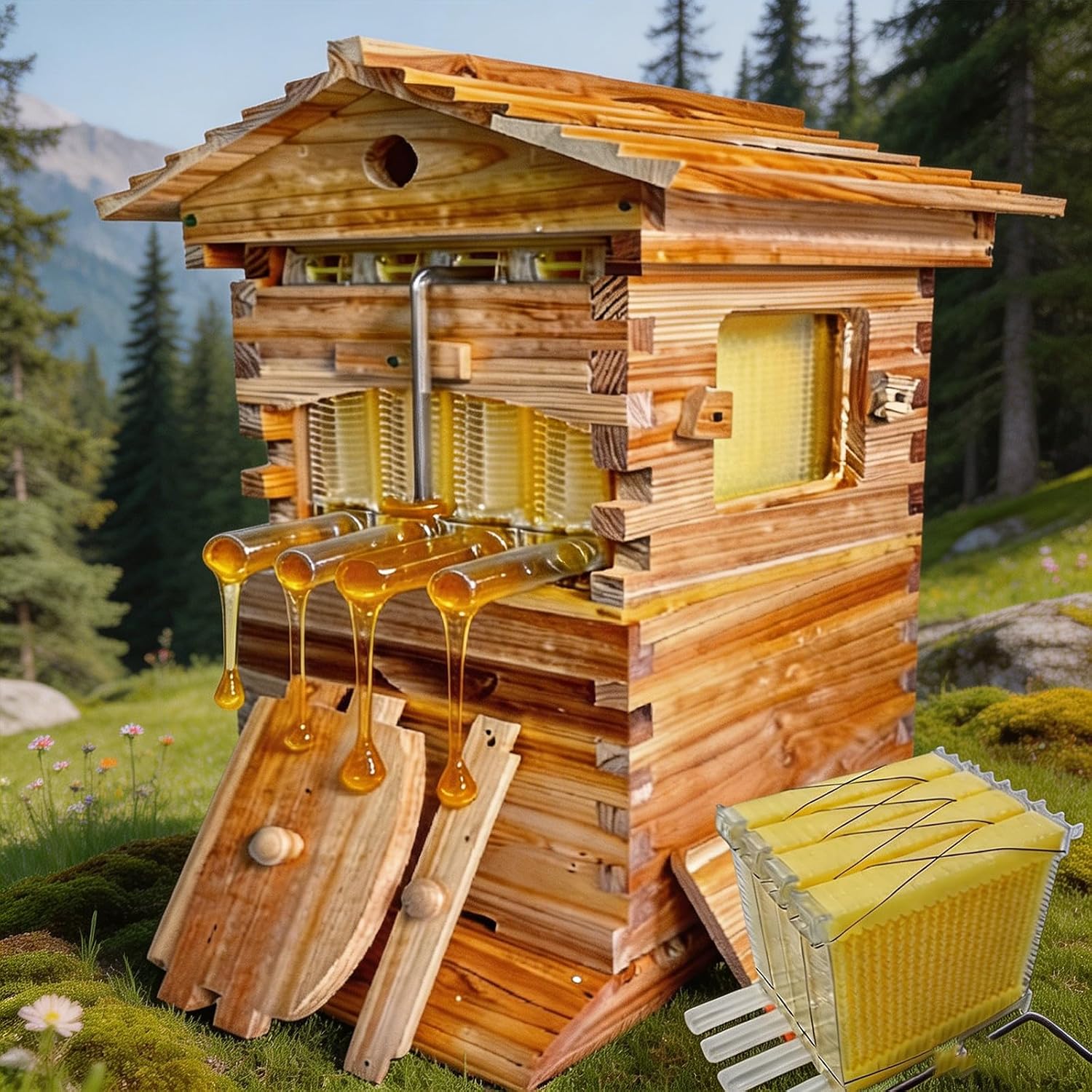 Beehive Frame Wax - 2-in-1 Bienenstock aus Holz mit Selbstfluss-System,
